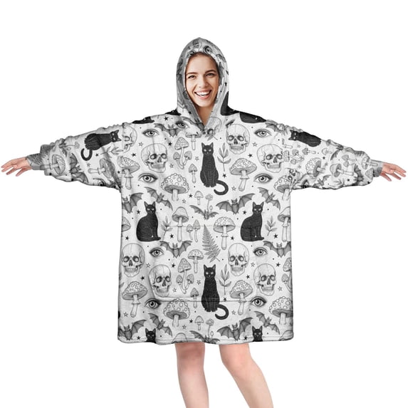 Halloween Sketch Witch White Wearable Blanket Hoodie, Flannel Oversized Sweatshirt Blanket with Sleeves & with Sleeves & Pockets, Warm Gifts Ideas for Reading Watching TV and Relaxi