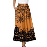 Halloween Skirts for Women Pumpkin Spider Web Print Elastic Waist A ...