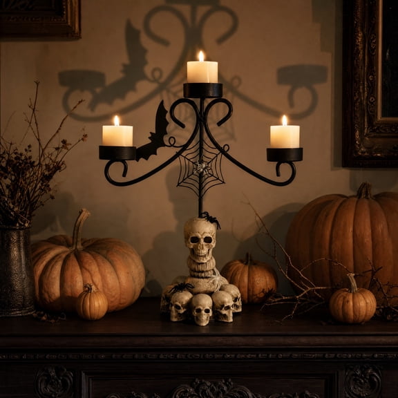 Halloween Skull 3 Light Wrought Iron Candelabra, Gothic Arachnid Web Table Decor, Spooky Candle Holder for Party Mantel Window