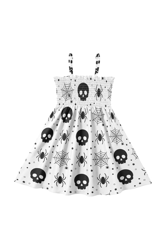 Halloween Skull Araneid with Web Girl's Adjustable Cami Dress Casual Sundress Smocked Ruffle A-Line 2T