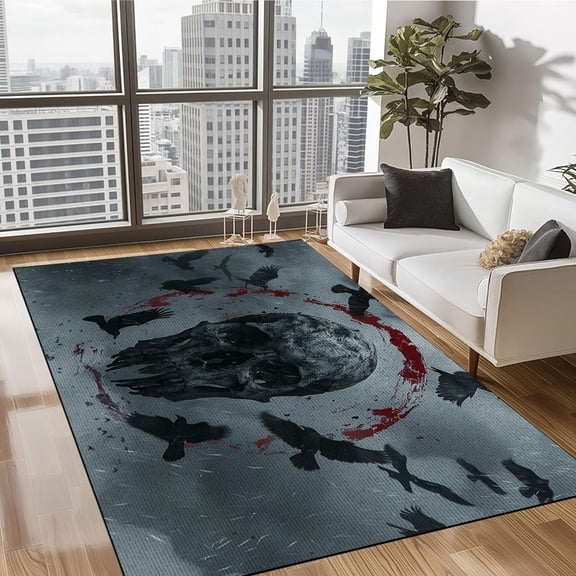 Halloween Skull Area Rug for Living Room Bedroom 5'x 8',Vintage Black Crows Carpet for Dining Room Kids Playroom Kitchen Office Backyard Patio Nursery Rug Throw Rug Home Décor