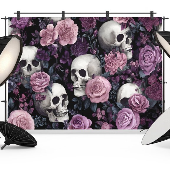 Halloween Skull Backdrop for Photography, Fabric Photo Background Backdrop, Vintage Pink Rose Purple Flower Photo Booth Background for Portrait Photoshoot Video Wedding Studio Decoration Banner 7x5ft