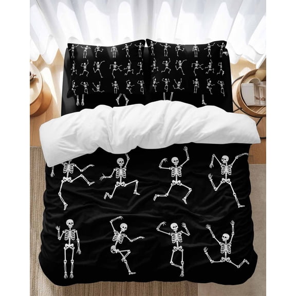 Halloween Skull Bedding Duvet Cover Set Queen Size 4 Pieces Abstract Dancing Skeleton Background Retro Bedding Set with Zipper Closure, 1 Comforter Cover 90x92 Inches 1 Flat Sheet & 2 Pillow Cases