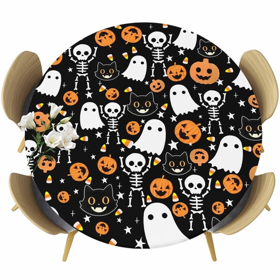 Halloween Skull Black Cat Pumpkin Ghost Fitted Round Tablecloths Table Covers 55"-60",Waterproof Table Cloth for Kitchen Holiday Party Tables Decor