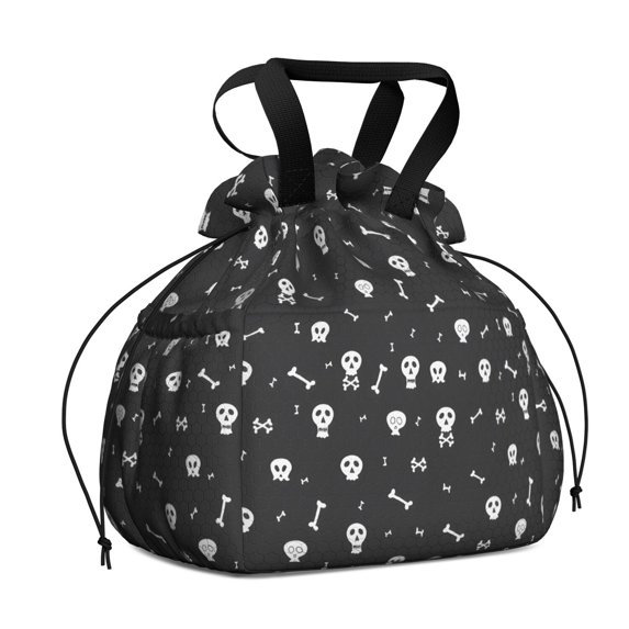 Halloween Skull and Bone Pattern Drawstring Lunch Bag Women - Drawstring Lunch Bag Insulated for Work Office - Stain-Resistant Large Lunchbags for Women with Multi-Pockets