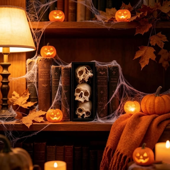 Halloween Skull Bookshelf Nook Decor 3-Tier Resin Style Stacked Skull Sculpture Skeleton Figurine For Living Room Study Library Halloween Tabletop Ornament(Black-7.09")
