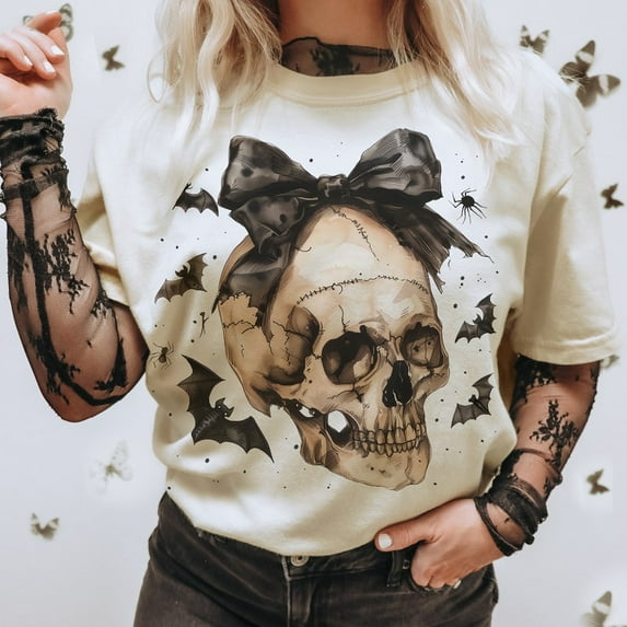 Halloween Skull Bow T-shirt, Coquette Bow Halloween Shirt, Halloween Shirt, Spooky Season Shirt, Coquette Tee TH140608