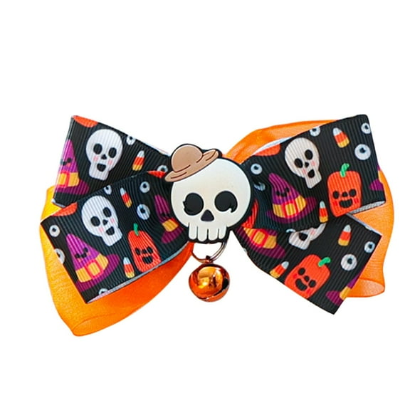 Halloween Skull Bow Tie for Pets, Adjustable Collar Accessory with Festive Pumpkin & Candy Print, Cute Costume for Dogs & Cats, Durable Ribbon with Bell, Easy to Wear for Holiday Parties & Photos