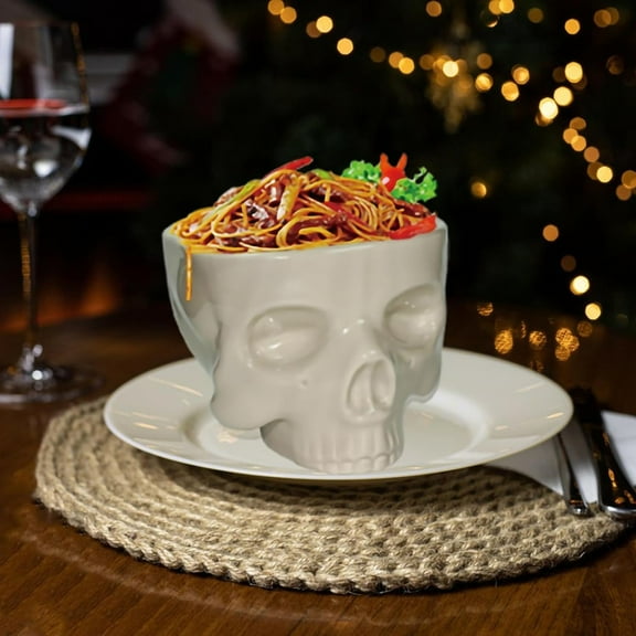 Halloween Skull Bowl - Food Safe Ceramic Serving Dish for Pasta, Cereal & Ice Cream - Gothic Skeleton Head Shaped Decor for Parties, Indoor & Outdoor Halloween Tableware