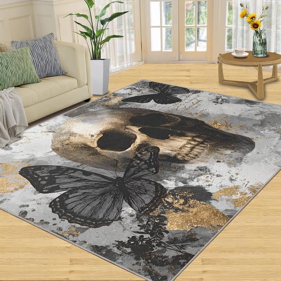 Halloween Skull Butterfly Area Rugs, Black Gothic Carpet, Washable Non Slip Low Pile Soft Rug for Living Room Bedroom Dining Room Home Office Decor Mat 2x3ft