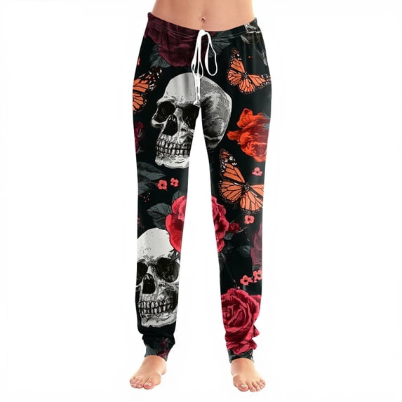 Halloween Skull Butterfly Printed Leggings for Women High Waisted Full Length Stretch Pants Gothic Casual Yoga Workout Wear