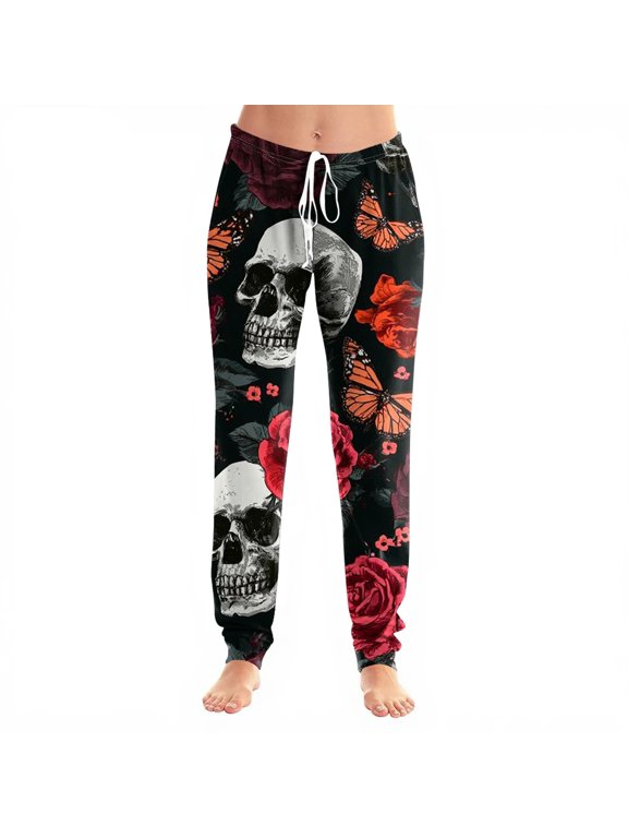 Halloween Skull Butterfly Printed Leggings for Women High Waisted Full Length Stretch Pants Gothic Casual Yoga Workout Wear