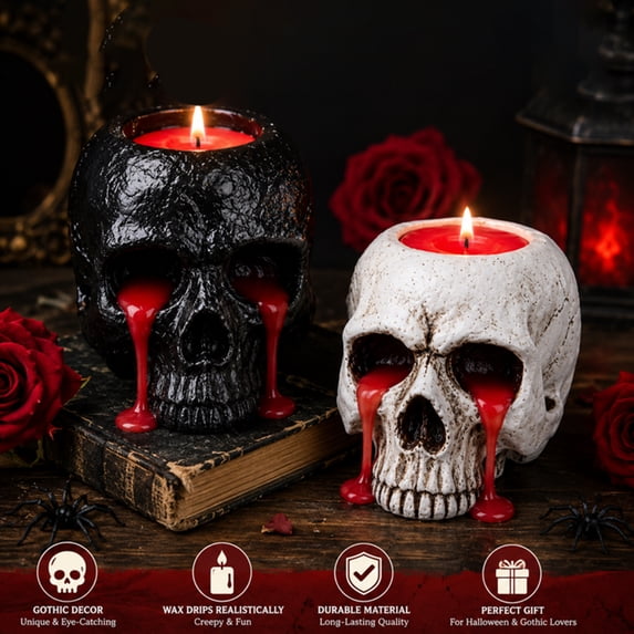 Halloween Skull Candle Holder, 3.3 Inch Gothic Skull Tealight Holder with Dripping Red Wax Effect, Spooky Decor for Halloween, Gothic Home (White)