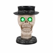 Halloween Skull Candle Holder Statue with Glowing Green Eyes and Black Top Hat, Gothic Open Mouth Skeleton Head Figurine for Spooky Tabletop Decor