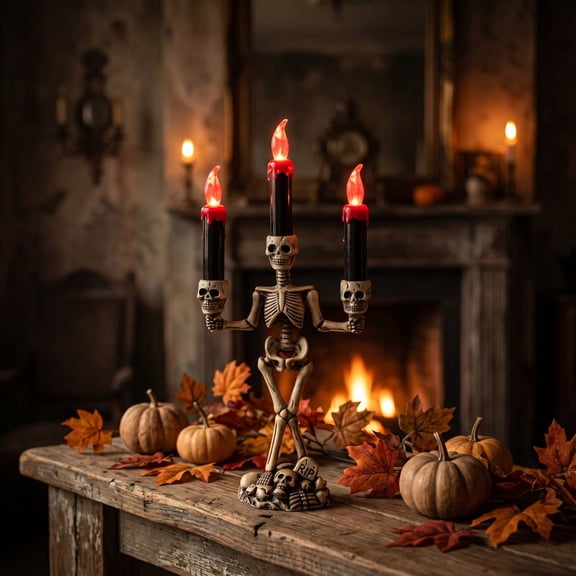 Halloween Skull Candleholder Decorations,Halloween Skull Lamp Decoration LED Electronic Candle with Skeleton Holding 3 Candles for Ghost House Party Tabletop Goth Decor Gift(White)