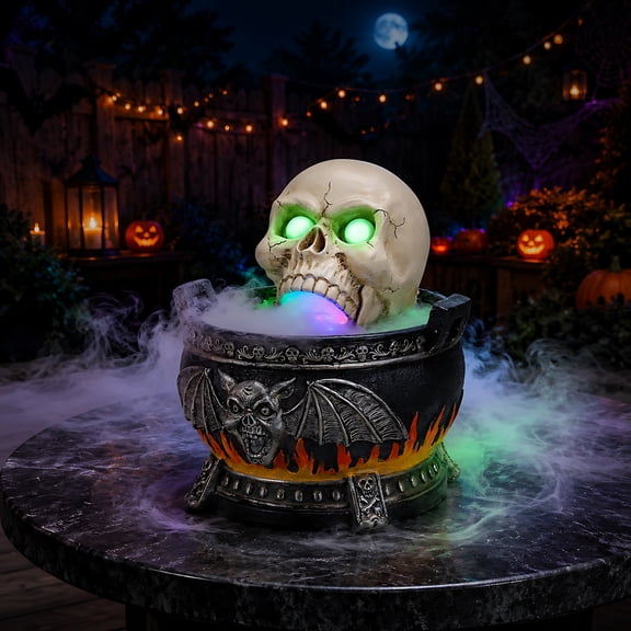 Halloween Skull Cauldron Mist Maker Figurine, LED Color Changing Light Smoke Fog Resin Tabletop Decor