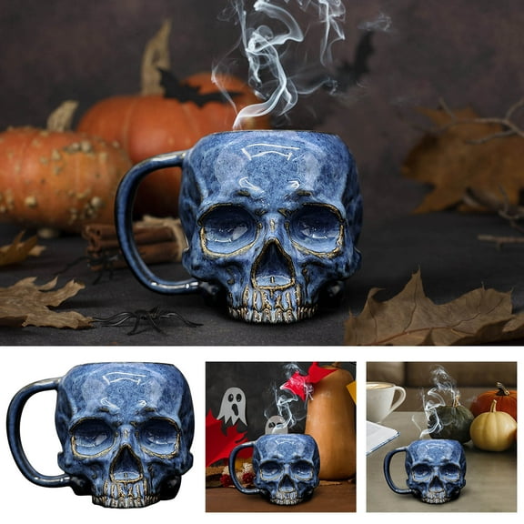 Halloween Skull Ceramic Mugs,Skull Coffee Mug,Skull Coffee Cup,Gothic Porcelain Tea Cup with Gold Trim,Decorative Cup Exquisite Halloween Blue Skull Mug Simulation Resin Table Setting