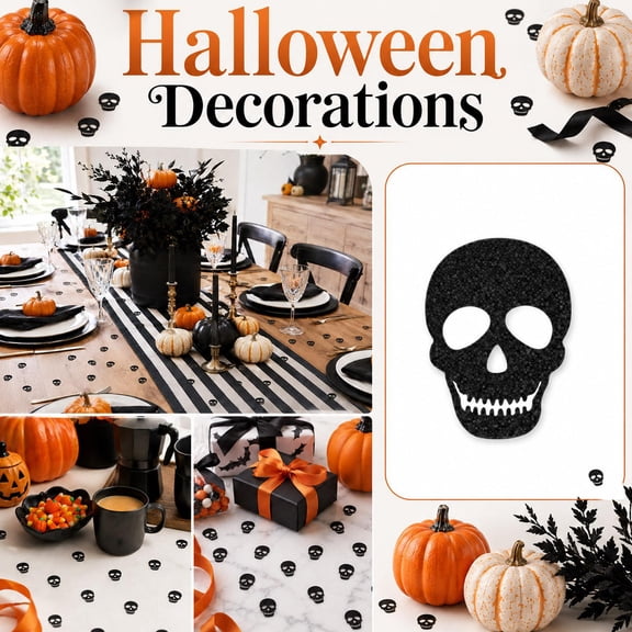 Halloween Skull Confetti, Glitter Textured Black Skull Cutouts, Spooky Skull Table Scatter for Home Halloween Party Decor, Ideal for Haunted House Displays, Gothic Accent