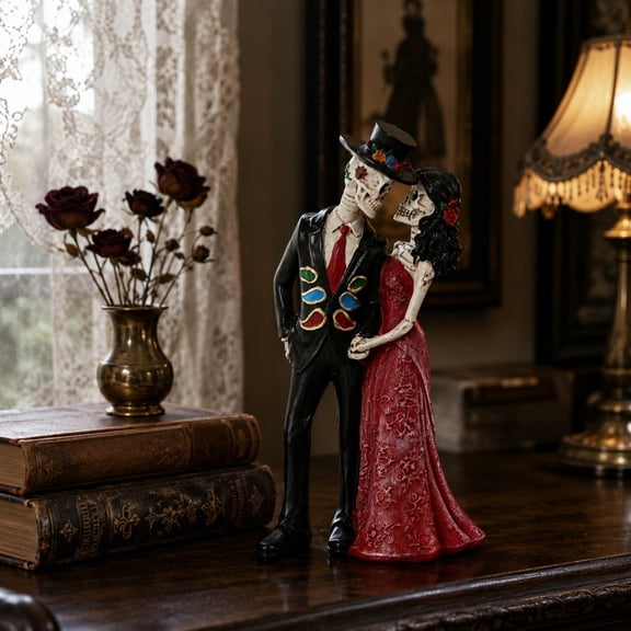 Halloween Skull Couple Resin Statue, Cute Gothic Lovers Skeleton Figurine for Home Tabletop Mantel Decor, Creepy Romantic Ornament for Spooky Party Scene