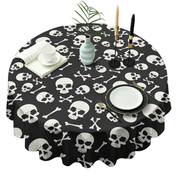 Halloween Skull Crossbones Pattern Round Tablecloth 60"x60",Wrinkle Wipeable Table Cloth for Kitchen Dining Room Picnic Patio Party