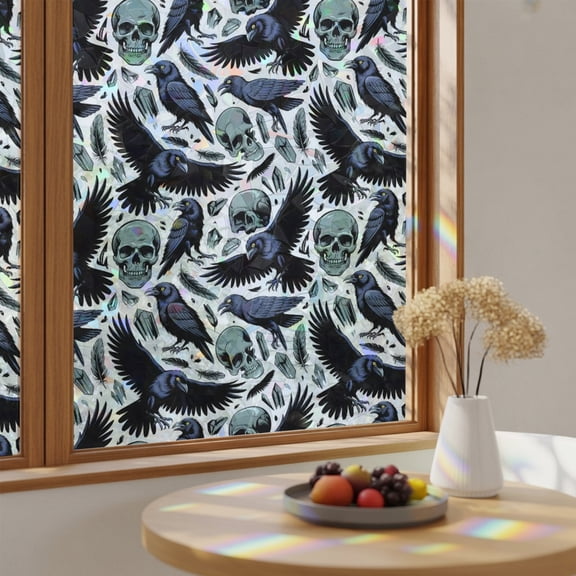 Halloween Skull Crow Window Privacy Film,Heat Control Sun Blocking Static Cling Rainbow Film,Abstract Seamless Skeleton Bird Non-Adhesive Glass Sticker Door Window Tint,19.6" x 39.3"