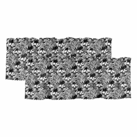 Halloween Skull Curtain Valances for Windows, Kitchen Valance Window Treatments Panel 2 Pack, Black Skeletons Flowers Monochrome Rod Pocket Short Curtains for Bathroom Bedroom 42 x 12 Inch