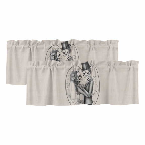 Halloween Skull Curtain Valances for Windows, Kitchen Valance Window Treatments Panel 2 Pack, Horrible Skeleton Marriage Forever Love Rod Pocket Short Curtains for Bathroom Bedroom 42 x 12 Inch