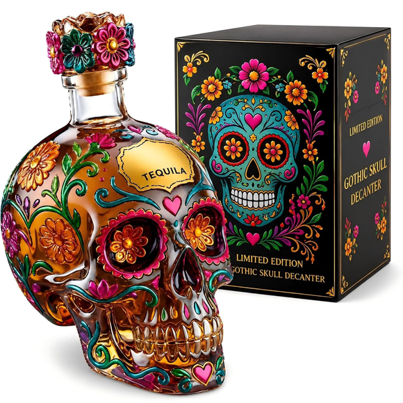 Halloween Skull Decanter Bottle, Hand Painted Borosilicate Glass with Gift Box, Day of the Dead Bar Decor（Notice Real Photo）