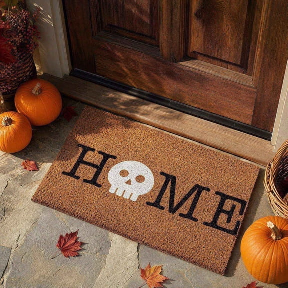 Halloween Skull Doormat, Gothic HOME Coir Mat with Skeleton Design, Non-Slip Outdoor Entry Rug for Porch and Doorway