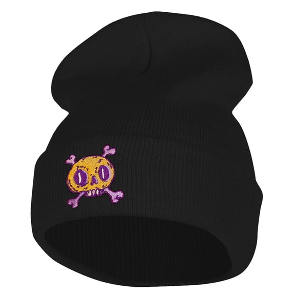 Halloween Skull Embroidered 12 Inch Long Knitted Beanie - Black OSFM
