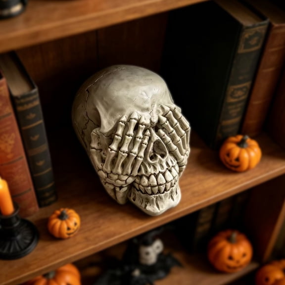 Halloween Skull Figurine, Hear See Speak No Evil Skeleton Head Statue, Gothic Resin Home Decor for Desk, Bookshelf, Mantel, Tabletop