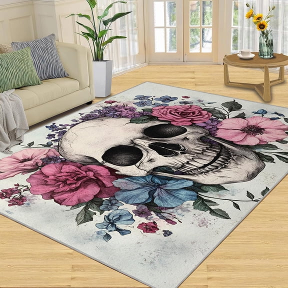 Halloween Skull Floral Area Rugs, Black Gothic Carpet, Washable Non Slip Low Pile Soft Rug for Living Room Bedroom Dining Room Home Office Decor Mat 2x3ft