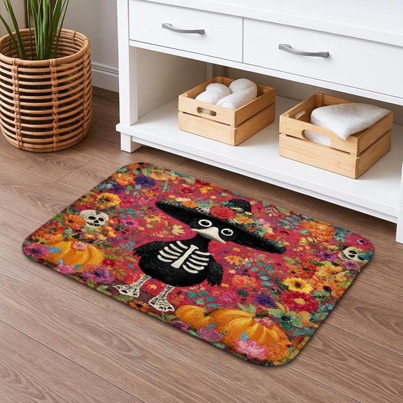 Halloween Skull Floral Quick Dry Bath Mat, Absorbent Non Slip Shower Rug, Artistic Flannel, Washable Bathroom Decor, 16 x 24 Inch