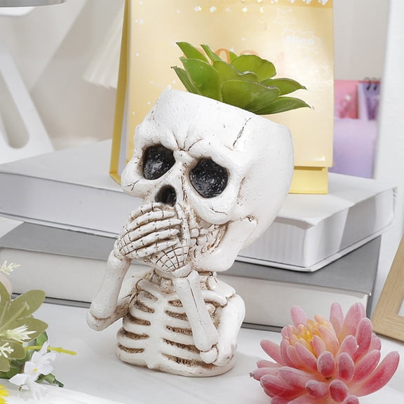 Halloween Skull Flower Pot Planter, 6.4 Inch Hand-Painted Resin Skeleton Head Succulent Plant Holder for Table Shelf Decor