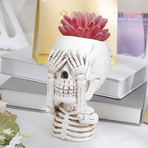 Halloween Skull Flower Pot Planter, 6.4 Inch Hand-Painted Resin Skeleton Head Succulent Plant Holder for Table Shelf Decor