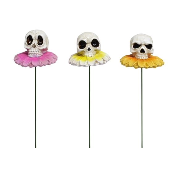 Halloween Skull Flower Pot Stakes Set of 3, Resin Skeleton Head Figurines Garden Plant Accessories for Planter Indoor Outdoor Yard Decor