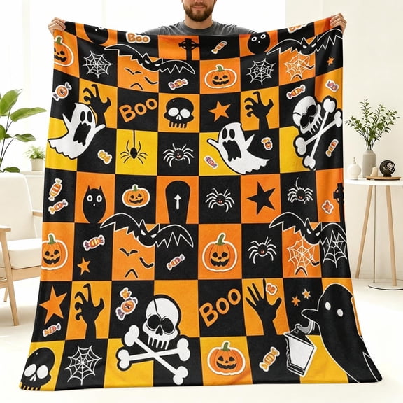 Halloween Skull Ghost Bat Checkered Print Flannel Throw Blanket, 30 x 40, 40 x 50, 50 x 60, 60 x 80 Inches, Soft Cozy Blanket for Sofa Bed