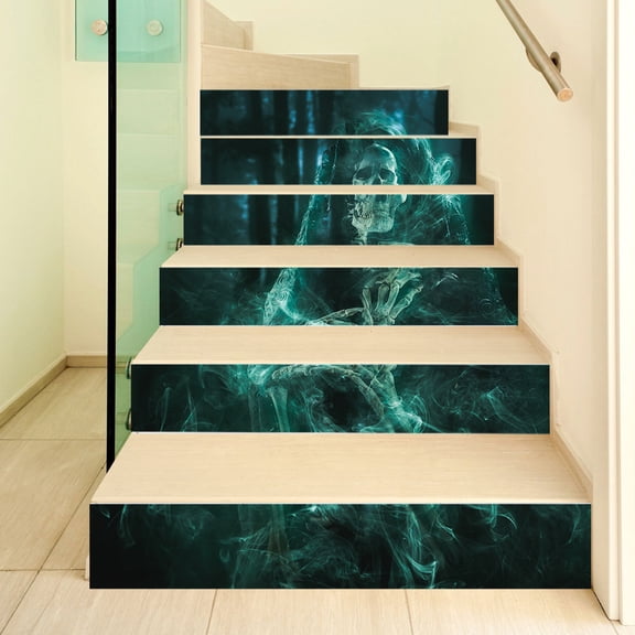 Halloween Skull Ghost Fire Wall Sticker, Self-Adhesive Stairs Risers Stickers Wall Murals Vinyl Staircase Stickers Wallpaper Decor 39.3 x7.08Inch