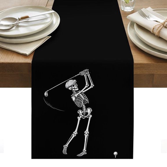 Halloween Skull Golf Table Runner Funny Skeleton Black Tablerunners 13 x 36 Inch, Table Decorations Tabletop Scarf for Summer Gathering Holiday Farmhouse Kitchen Dining Decor