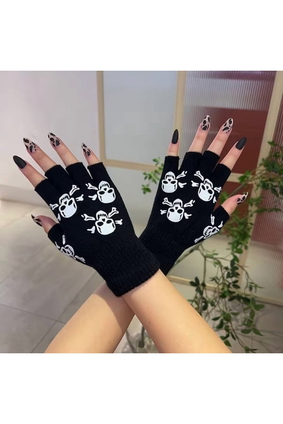 Halloween Skull Half-Finger Gloves for Outdoor Cycling - Warm Knitted Gloves for Men and Women