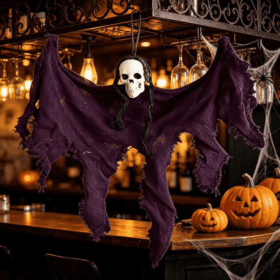 Halloween Skull Hanging Ghost Ornaments 13.8in Tattered Cloth Spooky Pendant Props ,Indoor Outdoor Ghost House Seasonal Decor Multi‑color Options