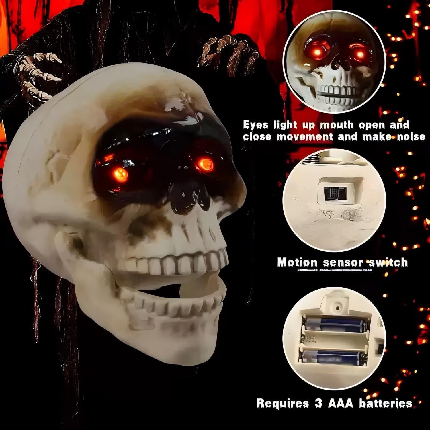 Halloween Animated Skull Head, Hanging Skeleton Head with Red Lighting Eyes Creepy Voice Scary Motion & Touch Sensor , Halloween Decor Prop for Indoor/Outdoor