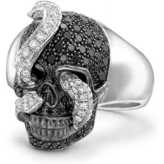 Halloween Skull Head Engagement Ring for Men 925 Sterling Silver 14K White Gold Plating Round Cut White & Black Diamond