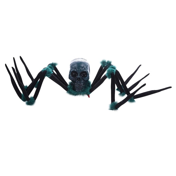 Halloween Skull Head Giant Spider Decorations, Bendable Black Velvet Legs with Fluffy Pom Poms, Horror Skull Tarantula Decor for Haunted House Escape Room Yard Halloween Party Ornament