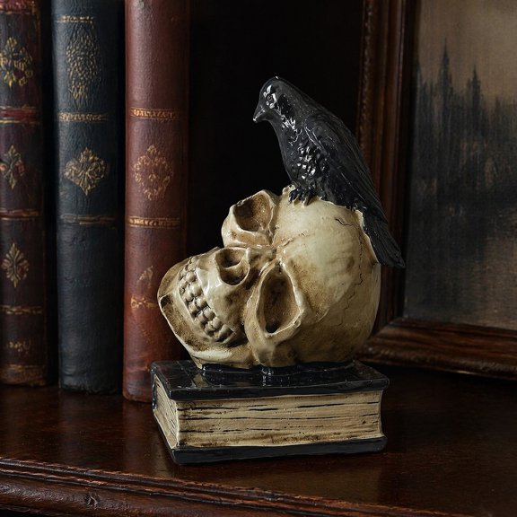Halloween Skull Head Statue, Gothic Skull Crow And Book Sculpture, Spooky Resin Skull Statue for Home Party Table Centerpiece