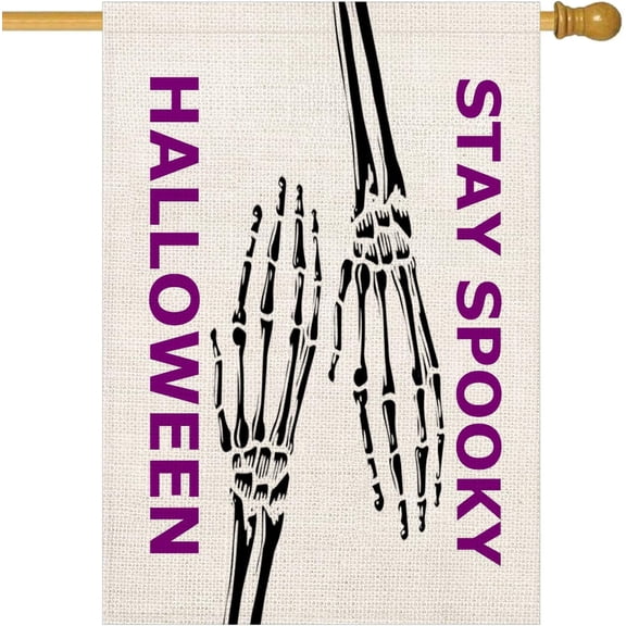 Halloween Skull House Flag 28x40 Inch Double Sided Skeleton Hand Stay Hungry Wicked Scary October 31 Halloween for Outside Decorations White Halloween Holiday Seasonal Greetings Outdoor Flags
