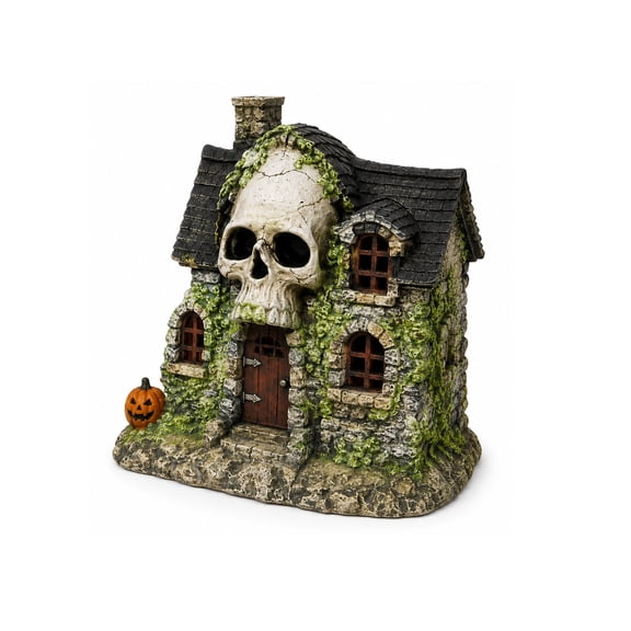 Halloween Skull House Resin Figurine Tabletop Decor With Pumpkin Detail Spooky Gothic Style 7.87 In X 6.3 In X 2.36 In