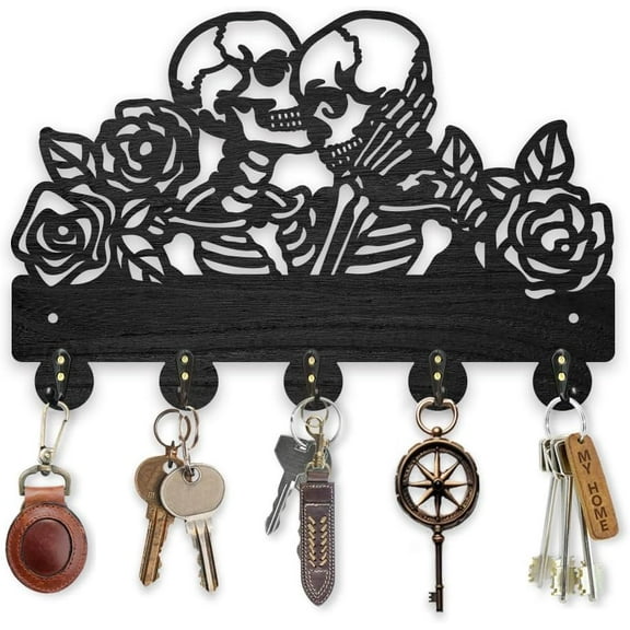 Halloween Skull Key Holder for Wall Wood Rose Flower Skeleton Undead Key Hook 11.87.9inch Black Coat Rack 5 Alloy Hooks Home Decor Gifts Entryway Kitchen Storage Organizer