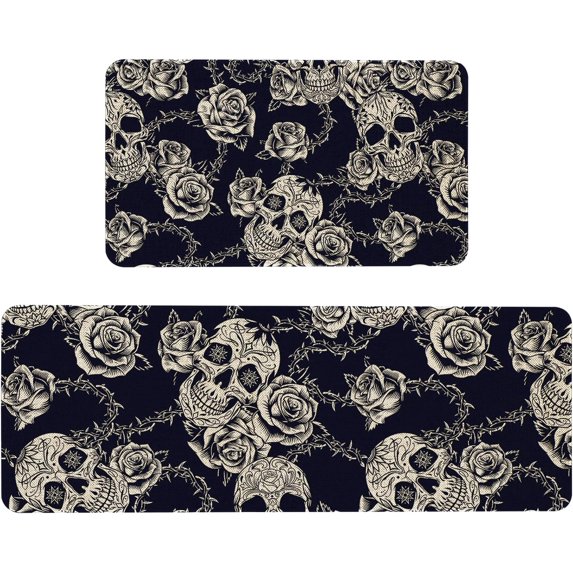 Halloween Skull Kitchen Mat Sets of 2 Floral Skull Rubber Non Slip Kitchen Rugs Set Floor Mats Washable Carpet Mat Comfort Standing Mat Kitchen Decor Decoration- 17x30 and 17x47 Inch