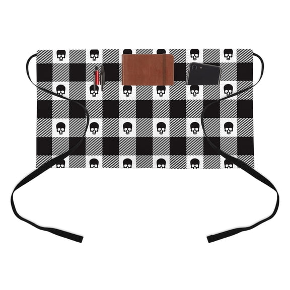 Halloween Skull Kitchen Restaurant Half Waist Apron, in Black White Plaid Skull Server Short Apron with 3 Pockets Waterproof Oil Waist Aprons for Women Waitress Waiter